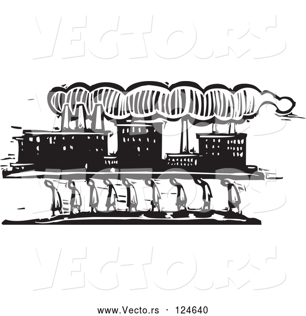 Vector of Woodcut Styled Line of People Walking near a Factory
