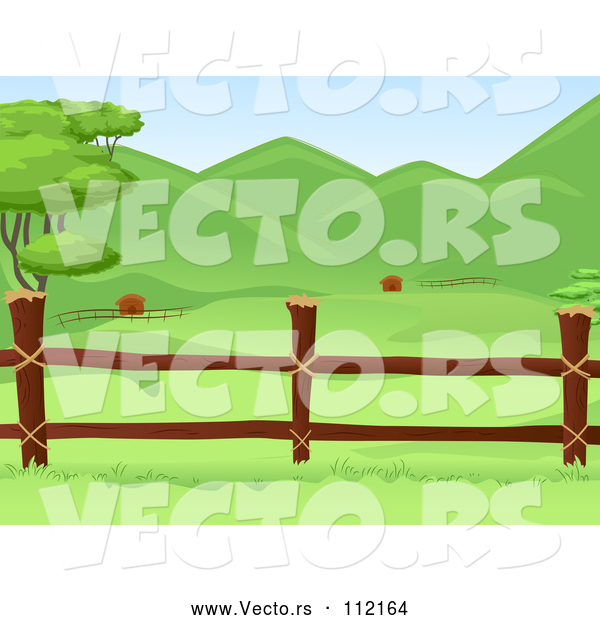Vector of Wooden Farm Pasture Fence with Lush Green Hills in the Background