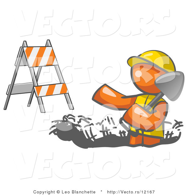 Vector of Working Orange Guy Wearing a Vest and Hardhat Standing in a Hole While Digging with a Shovel in a Construction Zone
