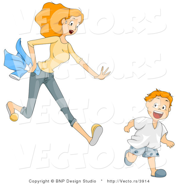 Vector of Worried Cartoon Mom Chasing After Her Running Son