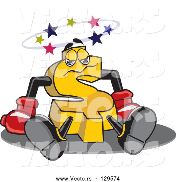 Vector of Yellow Dollar Symbol Character Seeing Stars After Being Knocked Out, Symbolizing a Financial Crisis or Blow out Clearance Prices