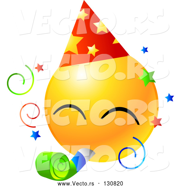 Vector of Yellow Emoticon Face Wearing a Party Hat and Blowing on a Noise Maker at a Party