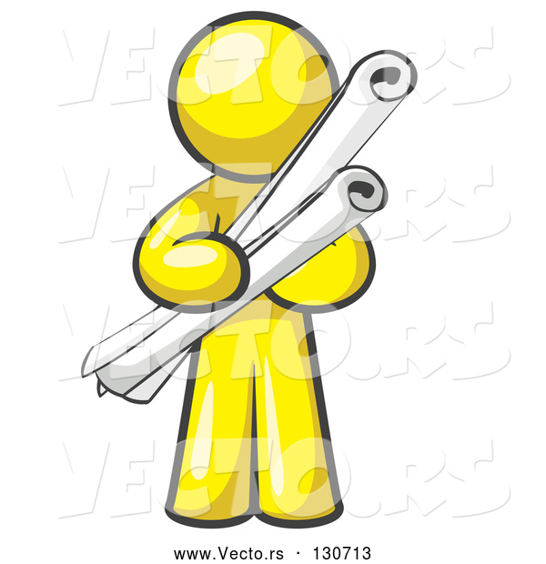 Vector of Yellow Guy Architect Carrying Rolled Blue Prints and Plans