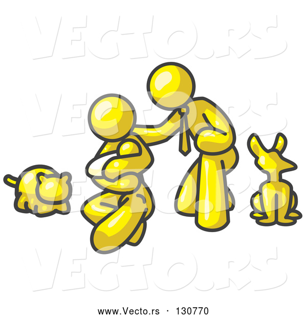 Vector of Yellow Human Family: Father, Mother and Newborn Baby with Their Dog and Cat