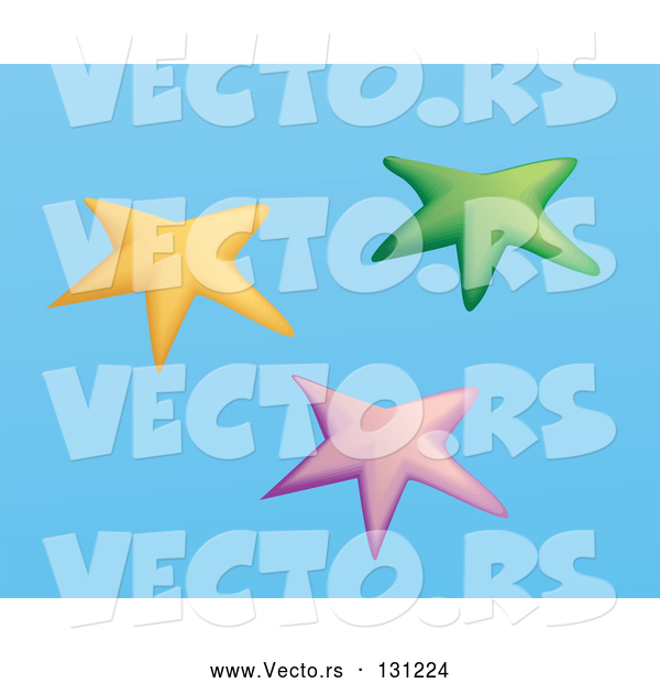 Vector of Yellow, Pink and Blue Group of Starfish on a Blue Background