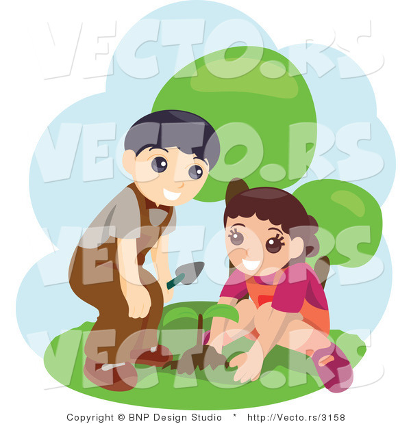Vector of Young Boy and Girl Planting Seeds