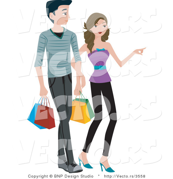 Vector of Young Boy and Girl Shopping with Bags