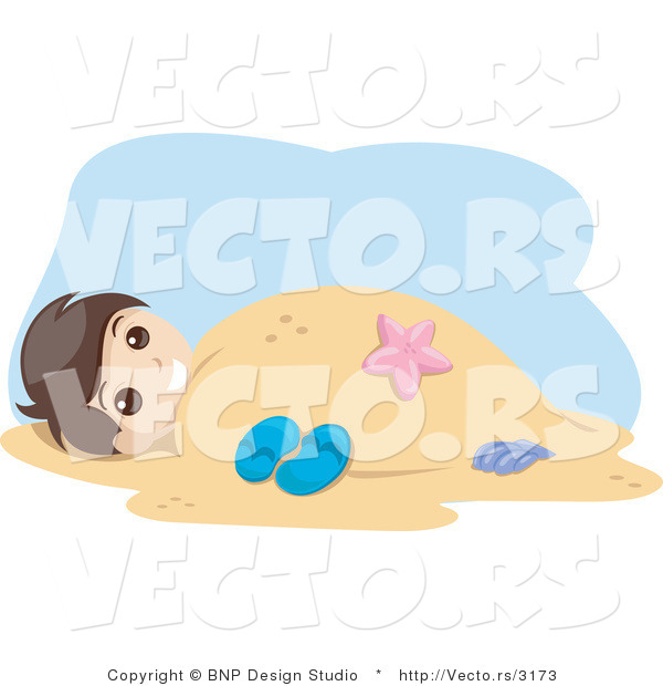Vector of Young Boy Buried Under Warm Beach Sand