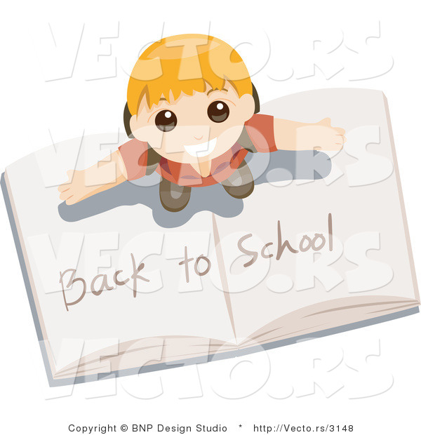 Vector of Young Boy Standing on Top of an Open Back to School Book