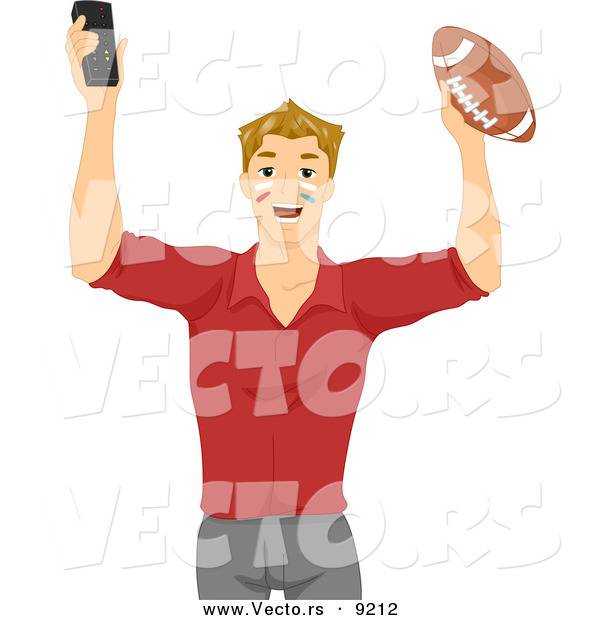 Vector of Young Cartoon Man Holding Football and Remote Control