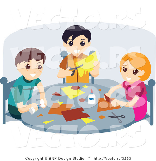 Vector of Young Girl and Two Boys Doing Crafts at a School Table