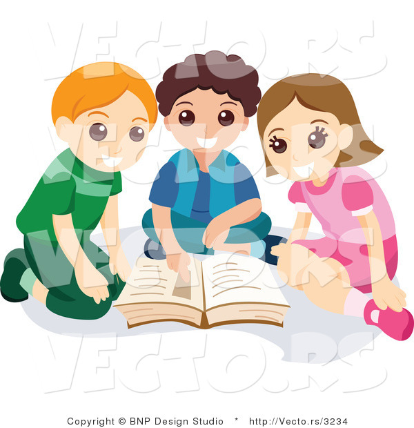 Vector of Young Girl and Two Boys Reading School Book Together