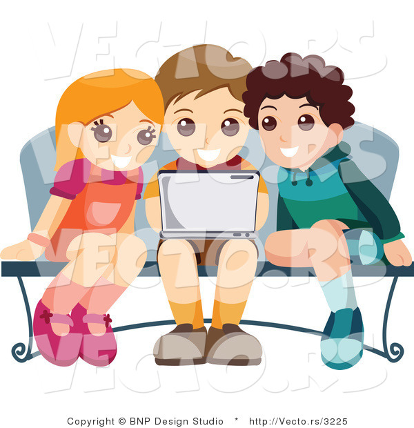 Vector of Young Girl and Two Boys Using a Laptop Computer at a Bench