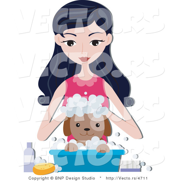 Vector of Young Girl Bathing Her Puppy in a Small Bin
