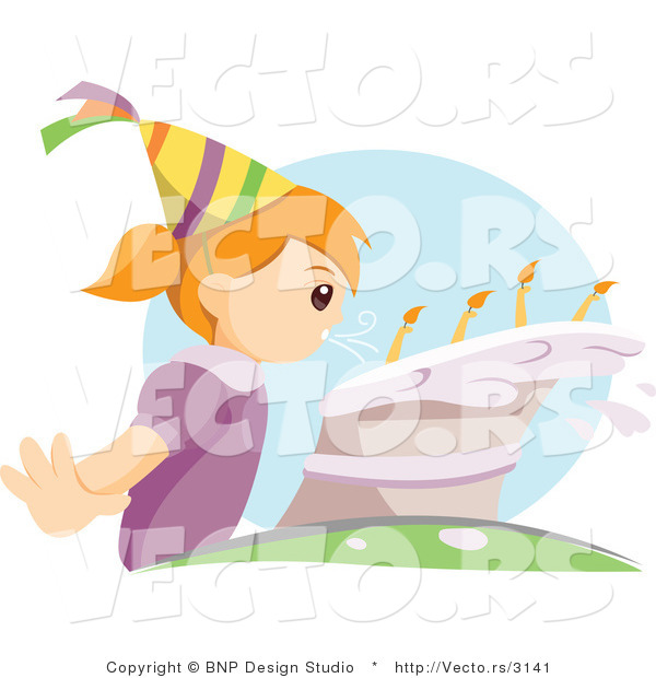 Vector of Young Girl Blowing Candles on Her Birthday Cake