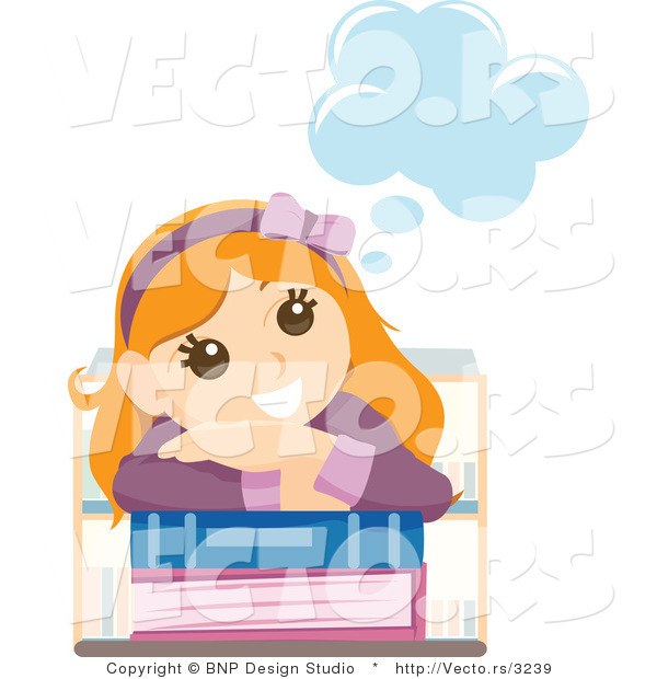 Vector of Young Happy Girl Day Dreaming over School Books