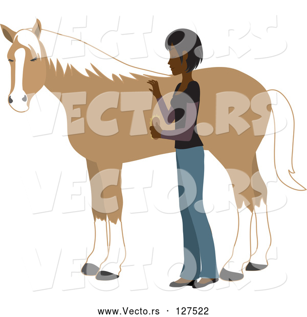 Vector of Young Indian Lady Grooming Her Pet Horse with a Brush