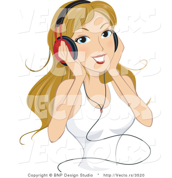 Vector of Young Lady Listening to Music Through Headphones