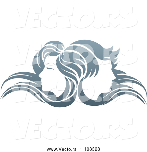 Vector of Young Male and Female Faces Back to Back, in Profile, with Long Hair Waving in the Wind
