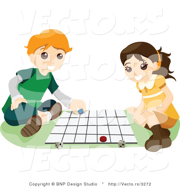 Vector of Young School Boy and Girl Playing a Board Game Together