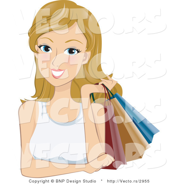 Vector of Young Woman Holding Shopping Bags over Her Shoulder