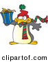 Cartoon Vector of a Christmas Penguin Holding a Present by Toonaday