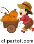 Cartoon Vector of a Halloween Farmer Boy Pusking a Cart Full of Pumpkins by BNP Design Studio