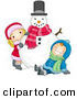 Cartoon Vector of a Happy Boy and Girl Playing with Christmas Snowman by BNP Design Studio