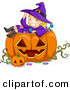 Cartoon Vector of a Happy Halloween Witch Girl Sitting in a Jack O'Lantern by BNP Design Studio