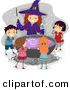 Cartoon Vector of a Happy Halloween Witch with Kids Around a Cauldron Filled with Purple Potion by BNP Design Studio