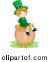 Cartoon Vector of a Happy St. Patrick's Day Leprechaun Boy Sitting on a Big Pot Full of Gold Coins by BNP Design Studio