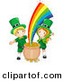 Cartoon Vector of a Happy St. Patrick's Day Leprechaun Girl and Boy Beside a Magical Pot Full of Gold at the End of a Rainbow by BNP Design Studio