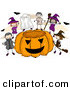 Cartoon Vector of Halloween Kids Around a Giant Carved Pumpkin by BNP Design Studio