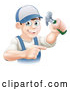 Cartoon Vector of Happy Brunette Caucasian Worker Man Holding a Hammer and Pointing by AtStockIllustration