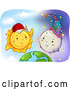 Cartoon Vector of Happy Sun Wearing a Baseball Cap and Talking to the Moon over Earth by BNP Design Studio