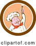 Cartoon Vector of Male Chef Holding up a Fork in a Brown Orange and White Circle by Patrimonio