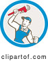 Cartoon Vector of Retro Caucasian Male Plumber Holding up a Monkey Wrench in a Blue White and Taupe Circle by Patrimonio