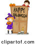 Cartoon Vector of Witch and Vampire Kids at a Happy Halloween Haunted House Door by BNP Design Studio
