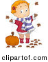Vector of a Cartoon Baby Playing in Autumn Leaves Beside a Pumpkin by BNP Design Studio