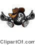 Vector of a Cartoon Billiards Eight Ball Mascot Cowboy Pointing 2 Guns While Grinning by Chromaco