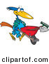 Vector of a Cartoon Bird Pushing a Wheel Barrow with Landscaping Gardener Tools by Toonaday