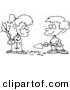 Vector of a Cartoon Boy and Girl Planting an Arbor Day Tree - Outlined Coloring Page Drawing by Toonaday