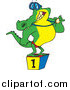 Vector of a Cartoon Champion Alligator Swimmer Standing on a Podium and Showing off His Medal by Toonaday