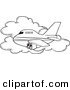 Vector of a Cartoon Commercial Airliner Passing a Cloud in Flight - Coloring Page Outline by Toonaday