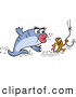 Vector of a Cartoon Female Fish Chasing a Small Male Worm on a Hook by LaffToon