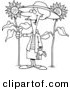 Vector of a Cartoon Green Thumb Girl in Her Sunflower Gardener - Outlined Coloring Page Drawing by Toonaday