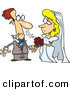 Vector of a Cartoon Groom Getting Allergic Reaction Beside His Bride's Red Bouquet of Flowers by Toonaday