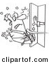 Vector of a Cartoon Hand Pushing Open a Door and Knocking a Man out - Coloring Page Outline by Toonaday