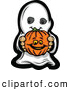 Vector of a Cartoon Kid Ghost Holding a Pumpkin by Chromaco