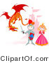 Vector of a Cartoon Knight Protecting Princess from a Dragon with Castle Background by Pushkin